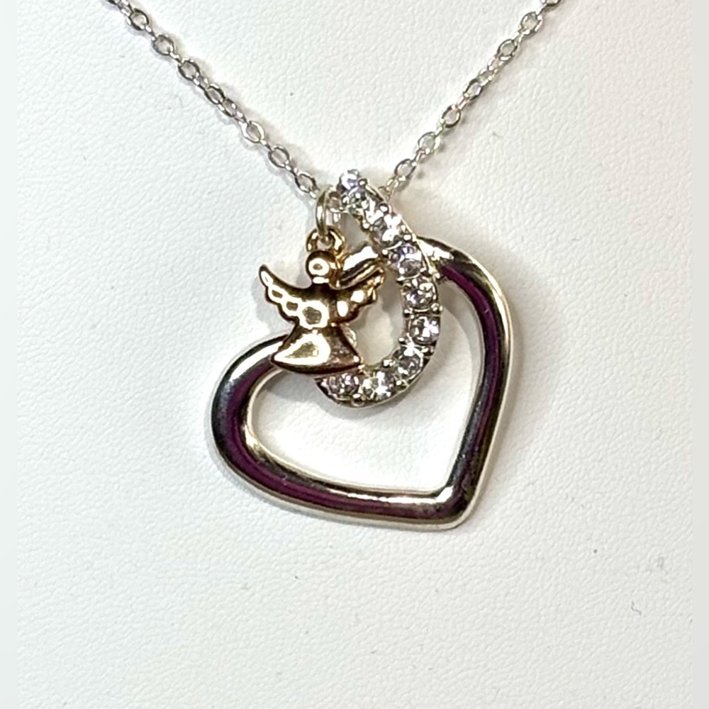 Brand new silver/gold toned heart/angel pendant necklace L30